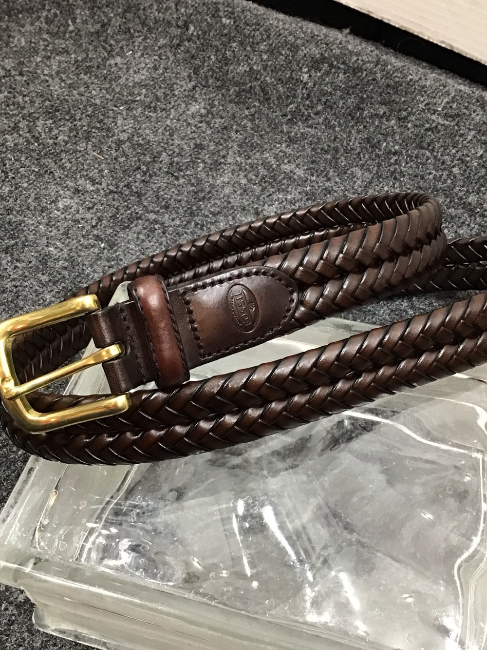 Fossil dark brown braided leather belt gold brass tone buckle 36